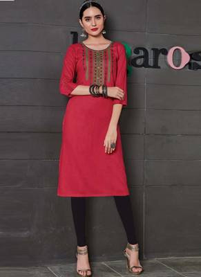 Red Rayon Embroidered Long Kurtis 1