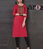 Red Rayon Embroidered Long Kurtis