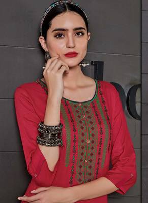 Red Rayon Embroidered Long Kurtis 2
