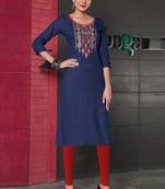 Blue Rayon Embroidered Long Kurtis