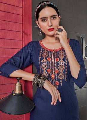 Blue Rayon Embroidered Long Kurtis 2