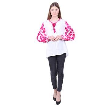 White Embroidered Blended Cotton Long Top  1