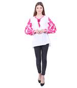 White Embroidered Blended Cotton Long Top 