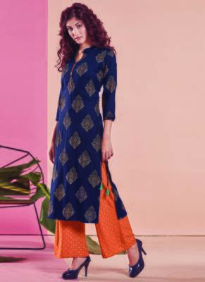 Navy Blue Rayon Printed Kurtas And Kurtis 1