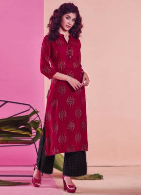 Maroon Rayon Printed Kurtas And Kurtis 1