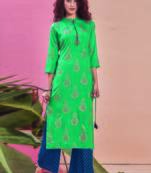 Turquoise Rayon Printed Kurtas And Kurtis