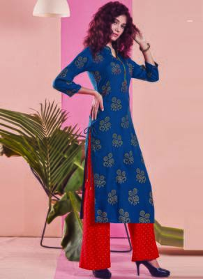Navy Blue Rayon Printed Kurtas And Kurtis 1