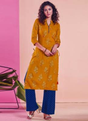 Mustard Rayon Printed Kurtas And Kurtis 1