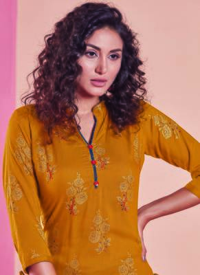 Mustard Rayon Printed Kurtas And Kurtis 2