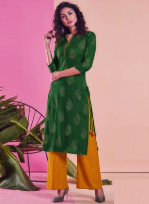 Dark Green Rayon Printed Kurtas And Kurtis 1