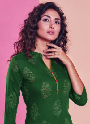 Dark Green Rayon Printed Kurtas And Kurtis 2