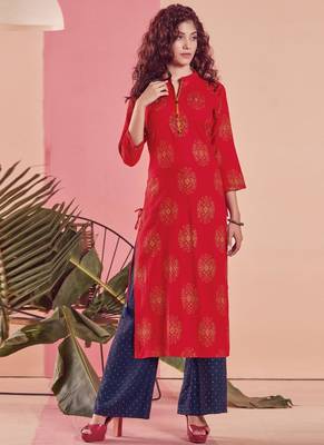 Red Rayon Printed Kurtas And Kurtis 1