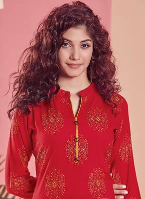 Red Rayon Printed Kurtas And Kurtis 2