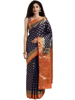 Navy Blue Woven Silk Saree With Blouse 1