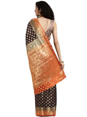 Navy Blue Woven Silk Saree With Blouse 2