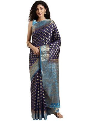 Navy Blue Woven Silk Saree With Blouse 1