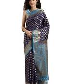 Navy Blue Woven Silk Saree With Blouse