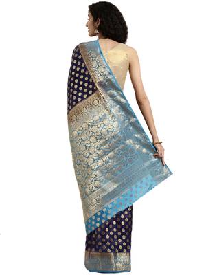 Navy Blue Woven Silk Saree With Blouse 2