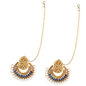 Traditional INDIA ethnic bollywood polki earring with mahalaxmi motif and pearls on a golden base-White 1