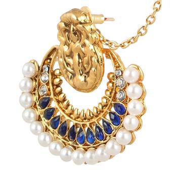 Traditional INDIA ethnic bollywood polki earring with mahalaxmi motif and pearls on a golden base-White 2