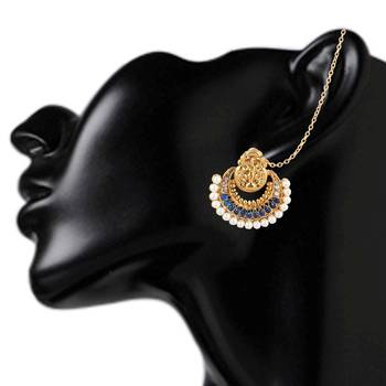 Traditional INDIA ethnic bollywood polki earring with mahalaxmi motif and pearls on a golden base-White 3