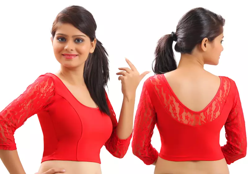 Red Lace Crochet Stretchable Blouse And Crop Top