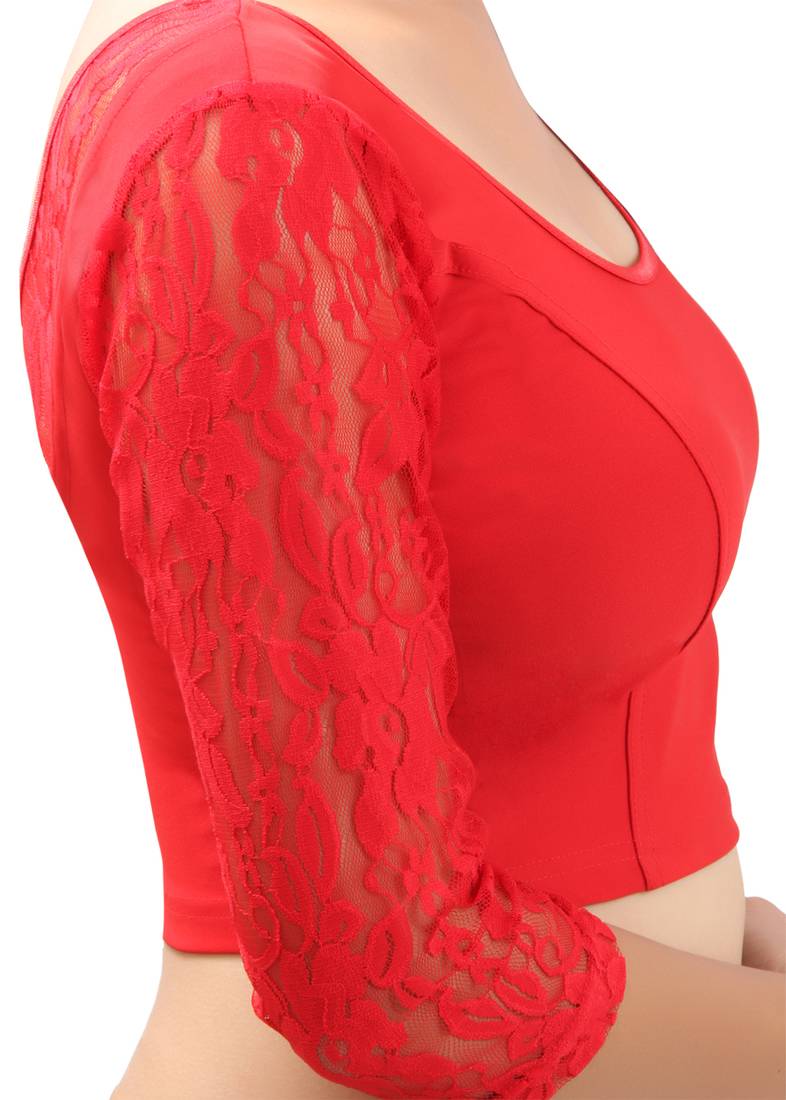 Red Lace Crochet Stretchable Blouse And Crop Top