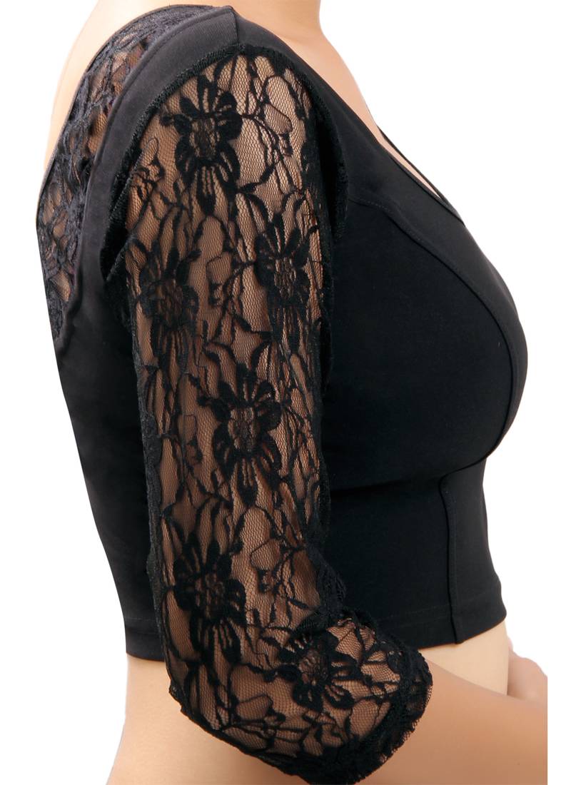 Black Lace(Net Will Vary Slightly) Crochet Stretchable Blouse And Crop Top