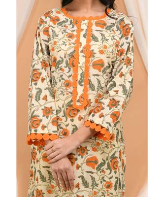 Orange Jaal Kurta with Lace and Scalloped pants 2