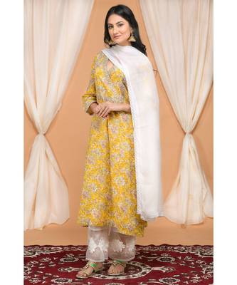 Mustard Yellow Kurta with Organza Applique Flower Pants and Lace Dupatta 1