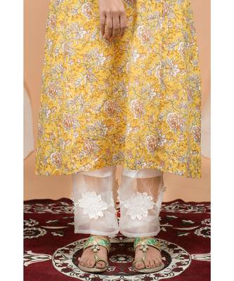 Mustard Yellow Kurta with Organza Applique Flower Pants and Lace Dupatta 3