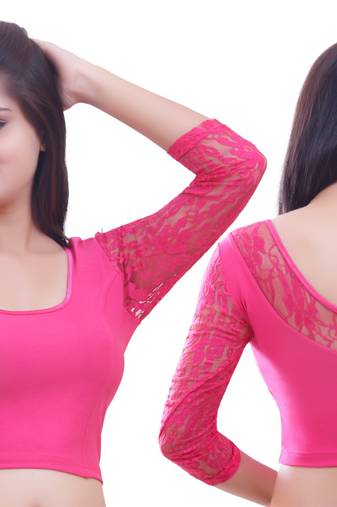 Pink Lace Crochet Stretchable Blouse And Crop Top