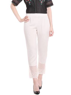 Off White Solid Pants With Lace At Bottom 1