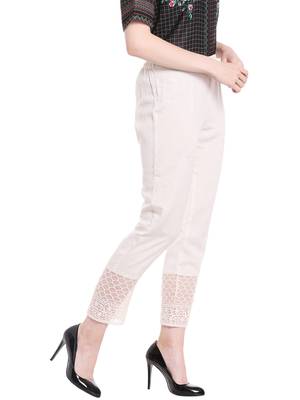 Off White Solid Pants With Lace At Bottom 2