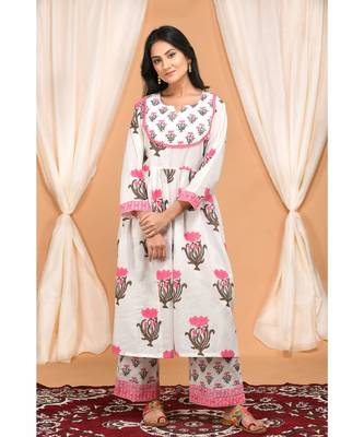 Lotus Block Print Gathered Kurta Set with Embroidered Dupatta 1