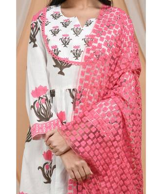 Lotus Block Print Gathered Kurta Set with Embroidered Dupatta 2