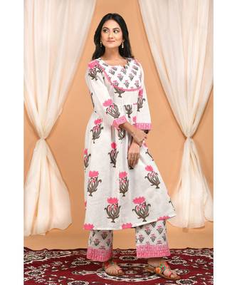 Lotus Block Print Gathered Kurta Set with Embroidered Dupatta 3
