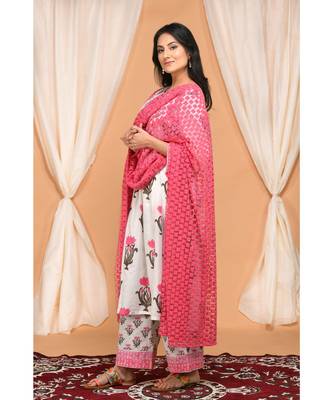 Lotus Block Print Gathered Kurta Set with Embroidered Dupatta 4