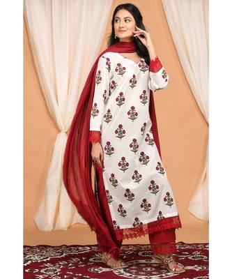 Marsala Boota Set with Fringe Lace Dupatta 1