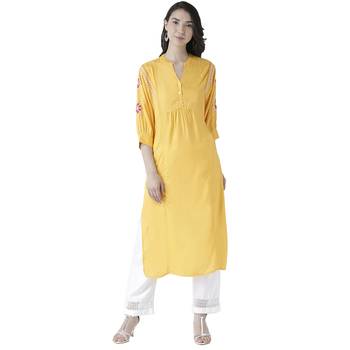 Yellow printed viscose kurtas-and-kurtis 1
