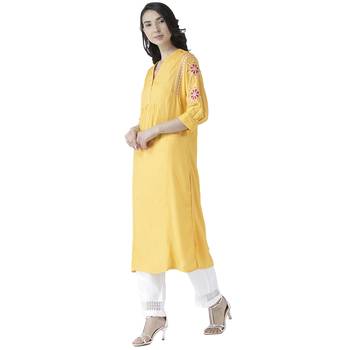 Yellow printed viscose kurtas-and-kurtis 4