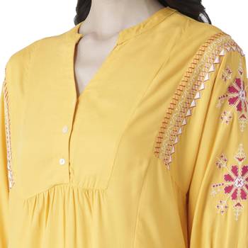 Yellow printed viscose kurtas-and-kurtis 5