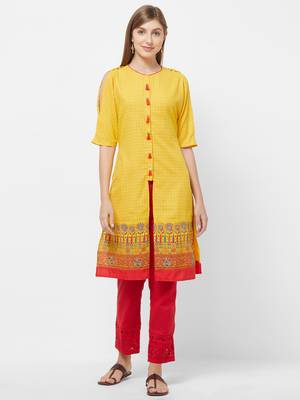 Yellow printed polyester kurtas-and-kurtis 1