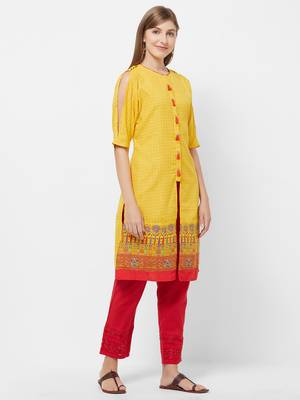 Yellow printed polyester kurtas-and-kurtis 3