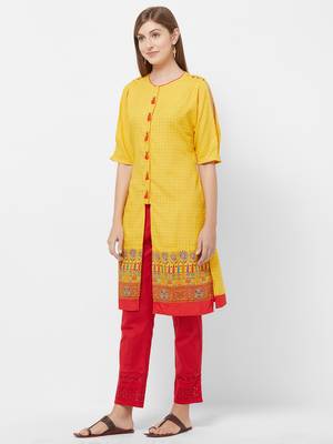 Yellow printed polyester kurtas-and-kurtis 4