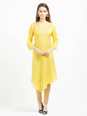 Yellow printed viscose kurtas-and-kurtis 1