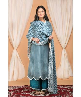 Blue  Gathered Kurta Set with Embroidered Palazzo and Embroidered Dupatta 1