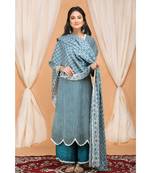 Blue  Gathered Kurta Set with Embroidered Palazzo and Embroidered Dupatta