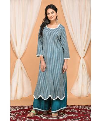 Blue  Gathered Kurta Set with Embroidered Palazzo and Embroidered Dupatta 2