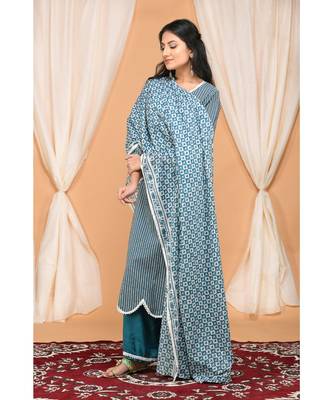 Blue  Gathered Kurta Set with Embroidered Palazzo and Embroidered Dupatta 3